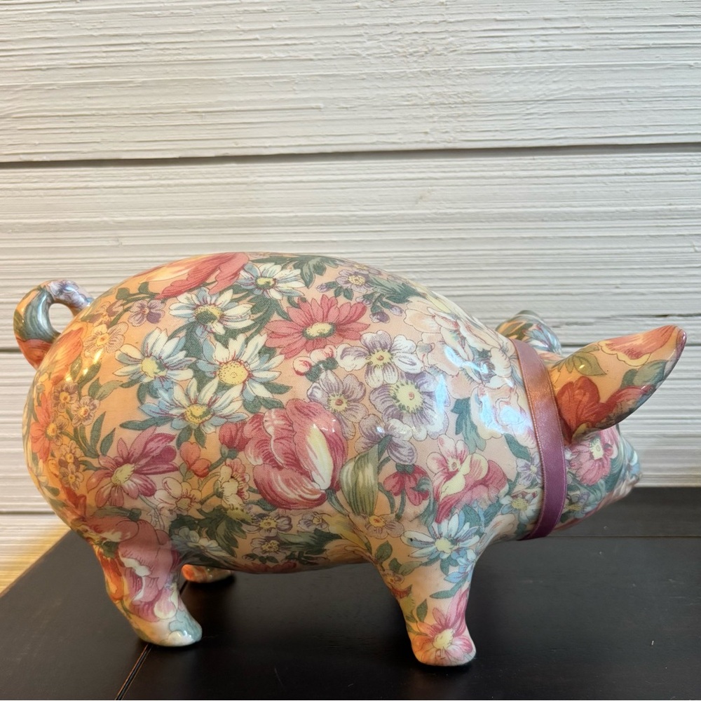 Floral Pig Decoupage Style Spring Colors Gloss Finish - Picture 4 of 8
